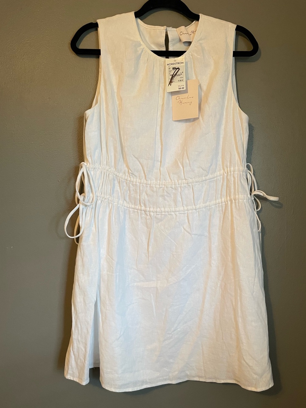 NWT Charles Henry Sz Med White Women’s Drawstring Waist Linen Mini Dress Ret $99